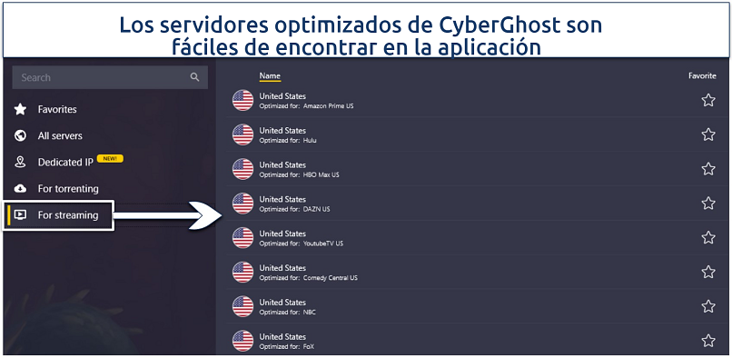 Screenshot of CyberGhost's optimized servers in the app