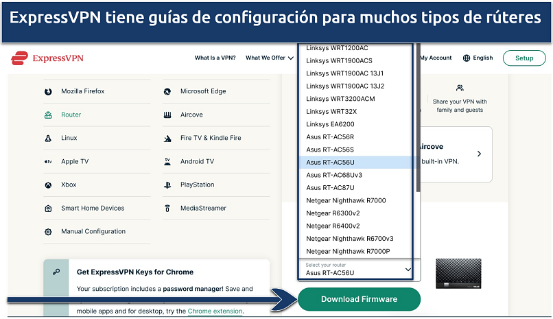 Screenshot of ExpressVPN router installation page showing compatible routers