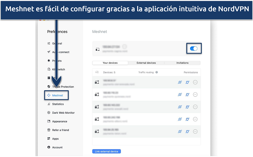 Screenshot of NordVPN's Meshnet feature in macOS app