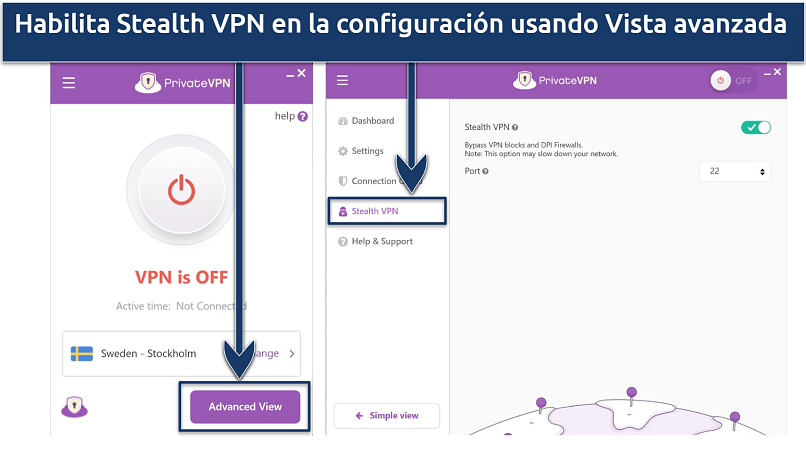 Screenshot of PrivateVPN Stealth VPN in Advanced View features