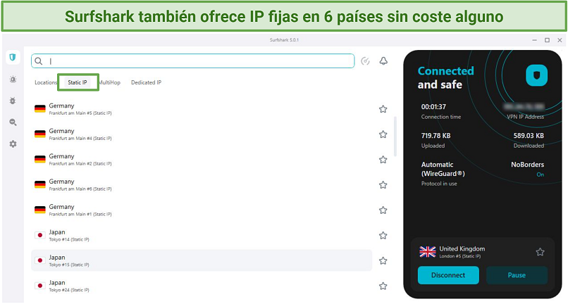 Screenshot of Surfshark's Windows interface, showing a list of its Static IPs