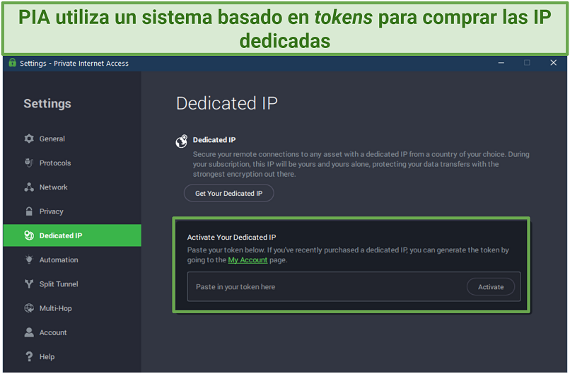 Screenshot of PIA's Dedicated IP token activation page on Windows app