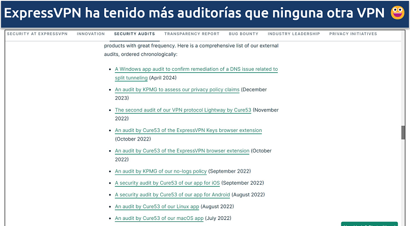 Screenshot of ExpressVPN's website showing its independent audits list