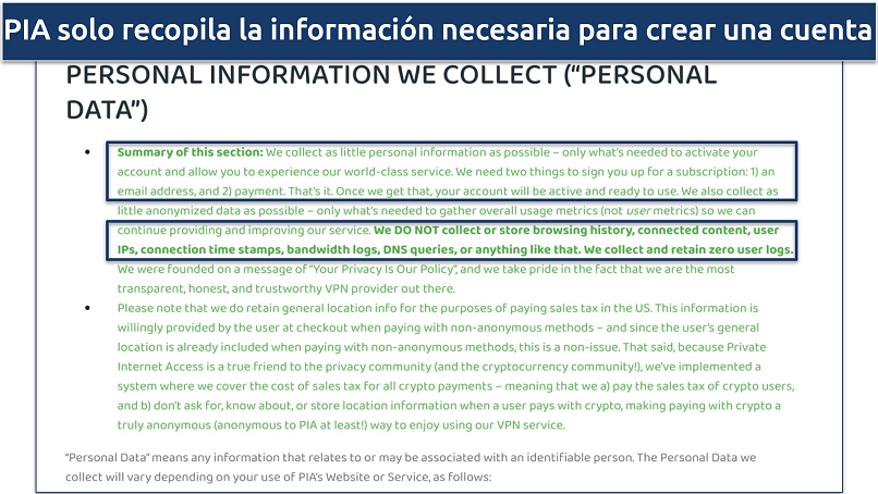 Screenshot of PIA's privacy policy highlighting the data it collects