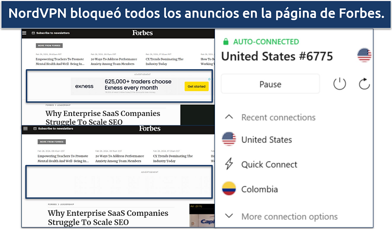 A screenshot of NordVPN blocking all ads on the Forbes website
