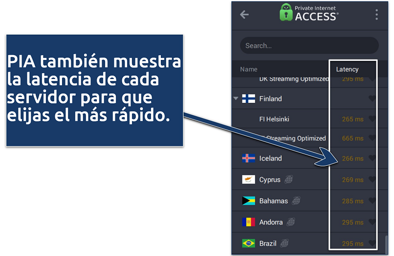 An image showing PIA's list of servers that show latency