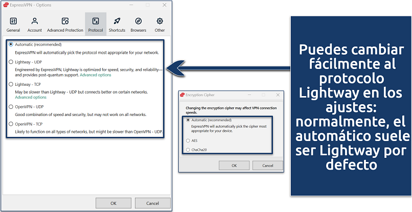 Screenshot of ExpressVPN's protocol settings