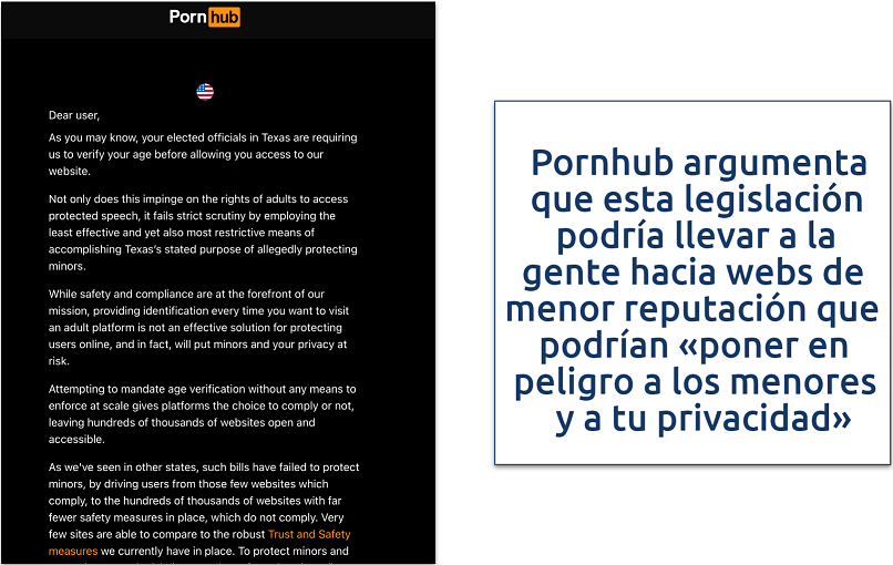 Screenshot of Pornhub being blocked in texas