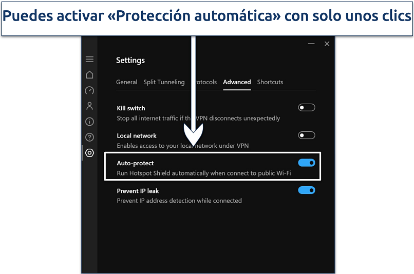 Captura de pantalla que indica cómo activar la función Autoprotección de Hotspot Shield