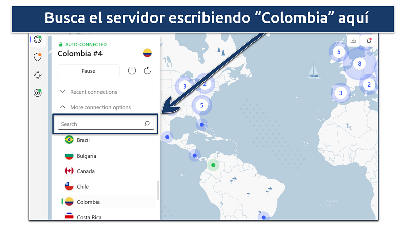 A screenshot showing how to find NordVPN's Colombian server