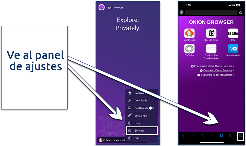 Screenshot of the settings button for Tor Browser and Onion Browser
