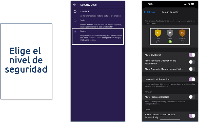 Screenshot of the security settings panel for Tor Browser and Onion Browser