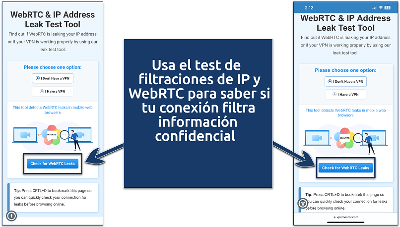 Screenshot of VpnMentor's WebRTC and IP address leak test tool