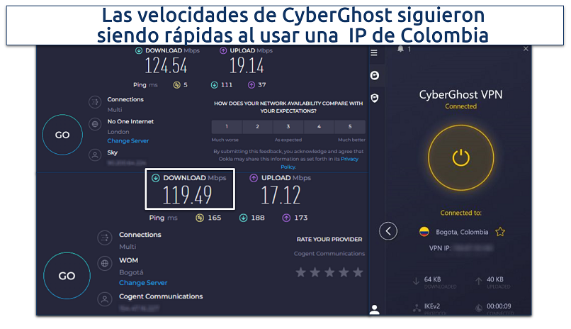 A screenshot showing the average speed difference while using CyberGhost's Colombian servers