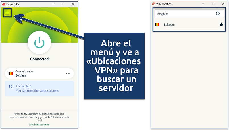 Screenshot of the ExpressVPN Windows app with an active connection to its Belgium server