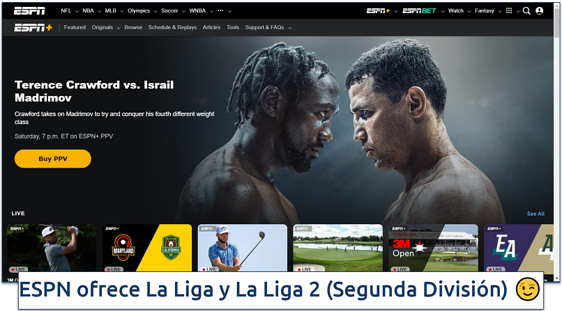 Screenshot of ESPN+ homepage