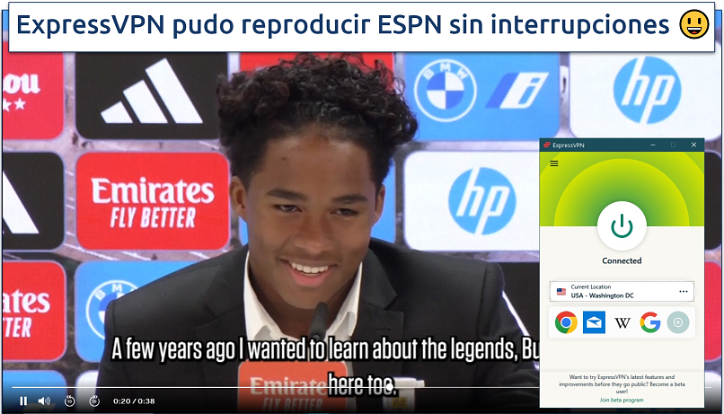 Watching La Liga transfers on ESPN while connected to ExpressVPN's US server