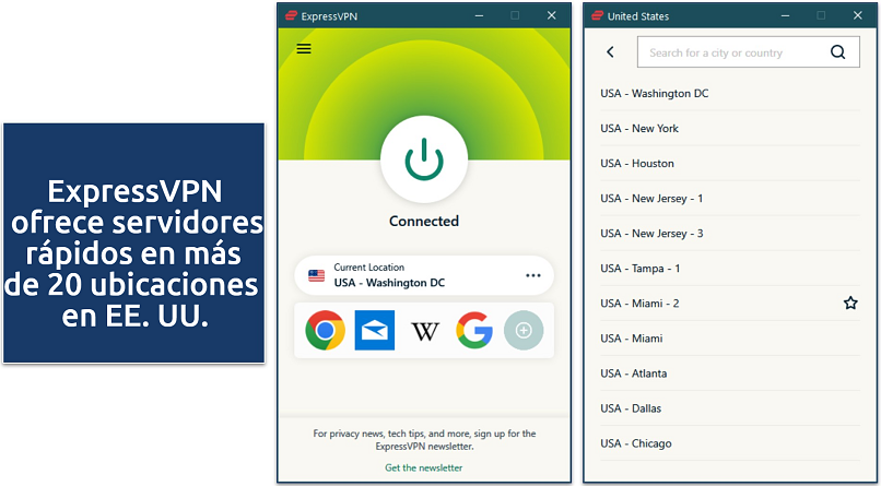 Screenshot of ExpressVPN's Windows app connected to Washington DC, US