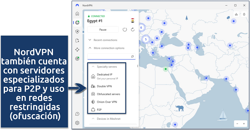 Screenshot of the NordVPN app showing its specialty servers while connected to an Egypt server