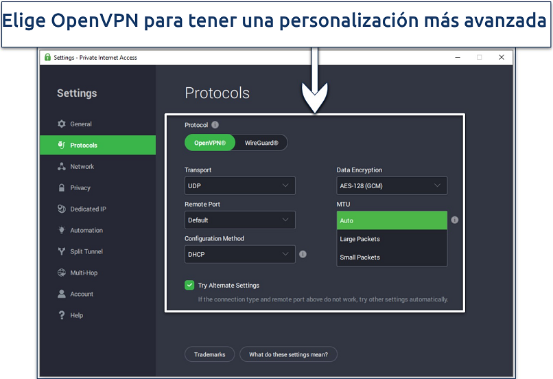 Screenshot of the PIA app showing available connection settings under the OpenVPN protocol