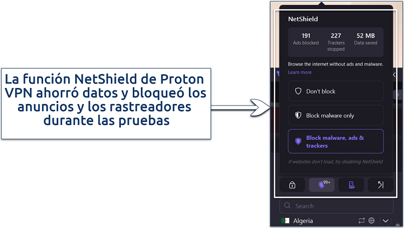 A screenshot showing Proton VPN's NetShield excels at filtering out ads, blocking trackers, and saving data