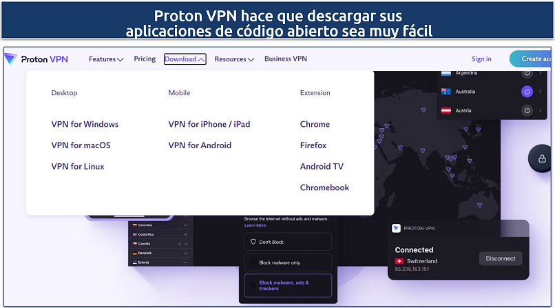 A screenshot showing Proton VPN's download page along with the device supported by the VPN