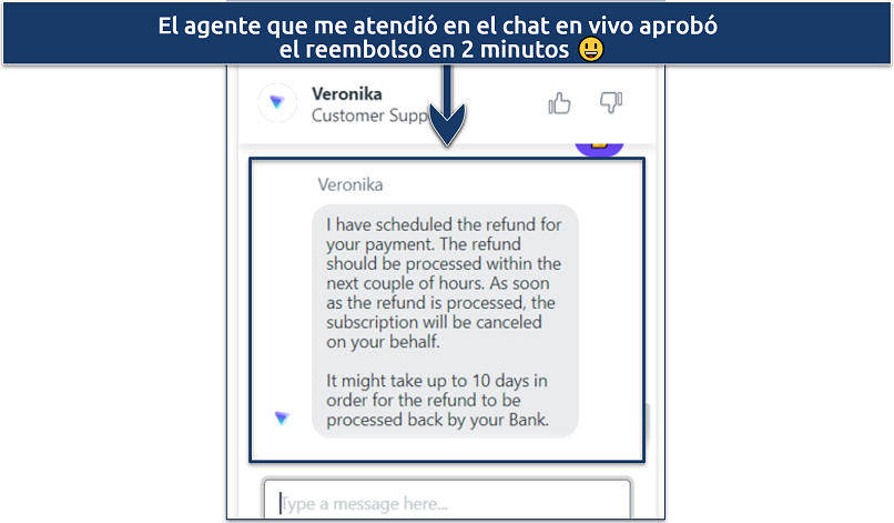 A screenshot showing you can cancel and seek a refund via Proton VPN's live chat feature