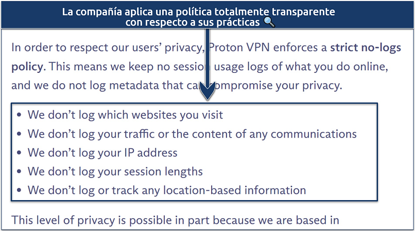 A screenshot showing Proton VPN doesn't log sensitive information like IP address, traffic logs, and session lengths