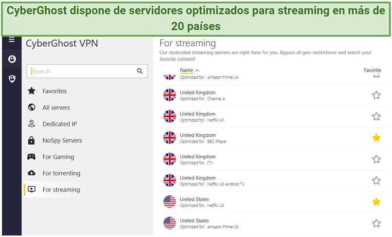 screenshot showing a list of CyberGhost's streaming-optimized servers