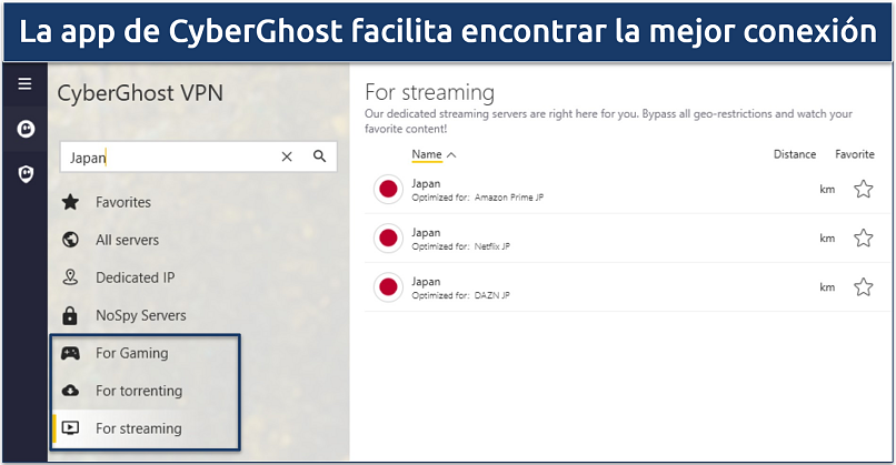 An image showing CyberGhost Japan servers optimized for streaming