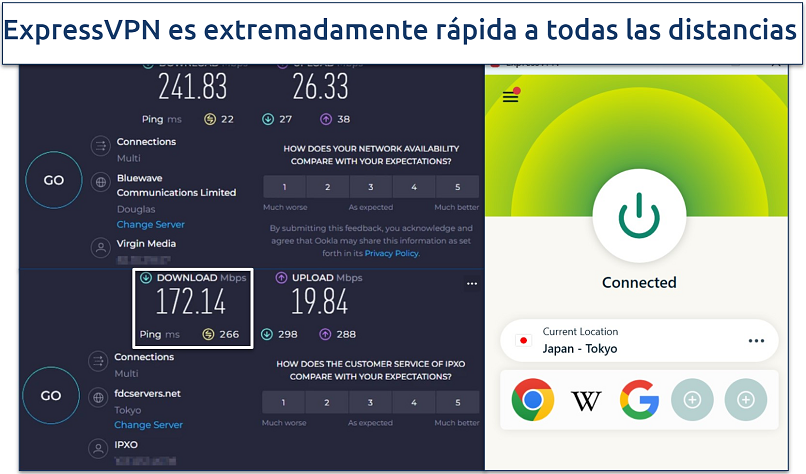 An image showing ExpressVPN's speed test results from the UK to Japan