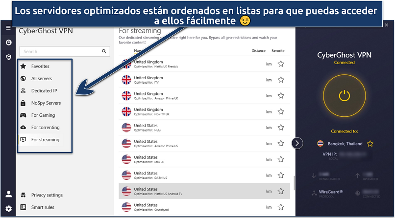 Screenshot of CyberGhost's Windows app connected to Thailand and showing streaming-optimized servers