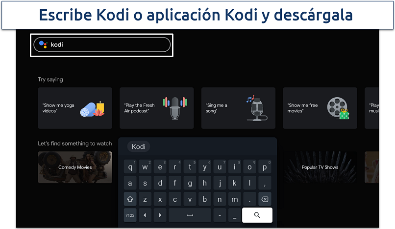 Screenshot of the search box and keyboard on Android TV