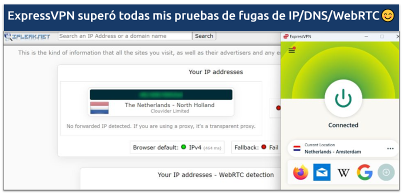 A screenshot of a successful IP/DNS/WebRTC leak test while connected to ExpressVPN's Amsterdam server