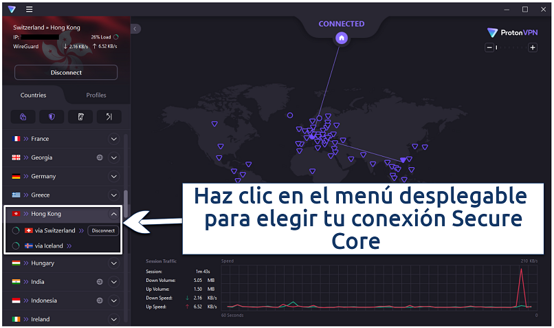 A screenshot of Proton VPN connected to Hong Kong via Switzerland