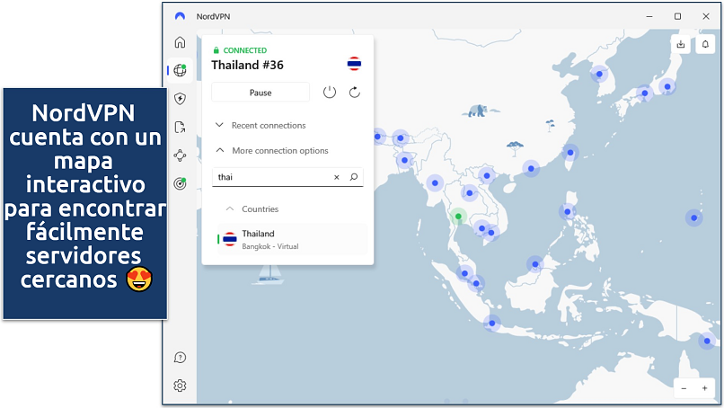 Screenshot of NordVPN's Windows app connected to Thailand, showing its interactive map