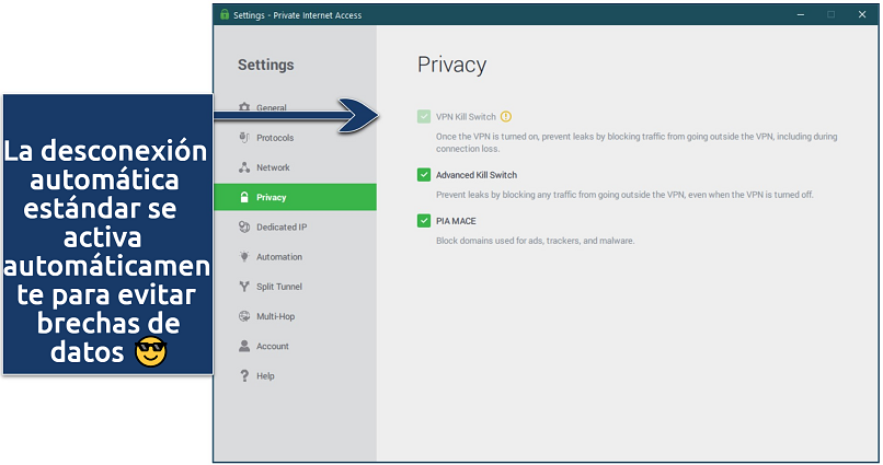 Screenshot of PIA's Windows app showing its privacy settings (kill switch and MACE)