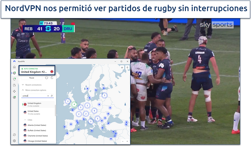 Screenshot of rugby game on Sky Sports with NordVPN UK server