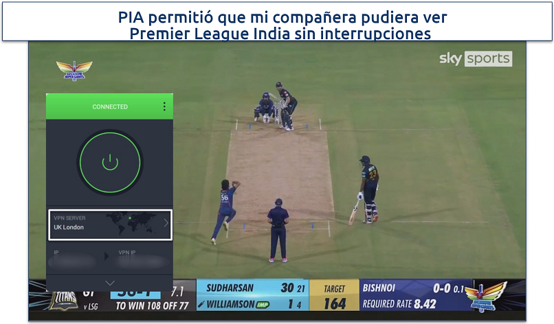 Screenshot of PIA streaming the Indian Premier league cricket match