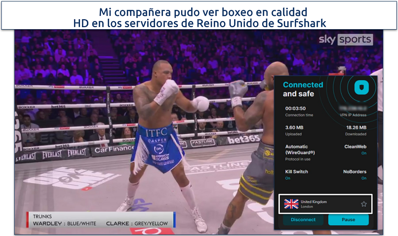 Screenshot of streaming boxing match on Sky Sports app with Surfshark UK server