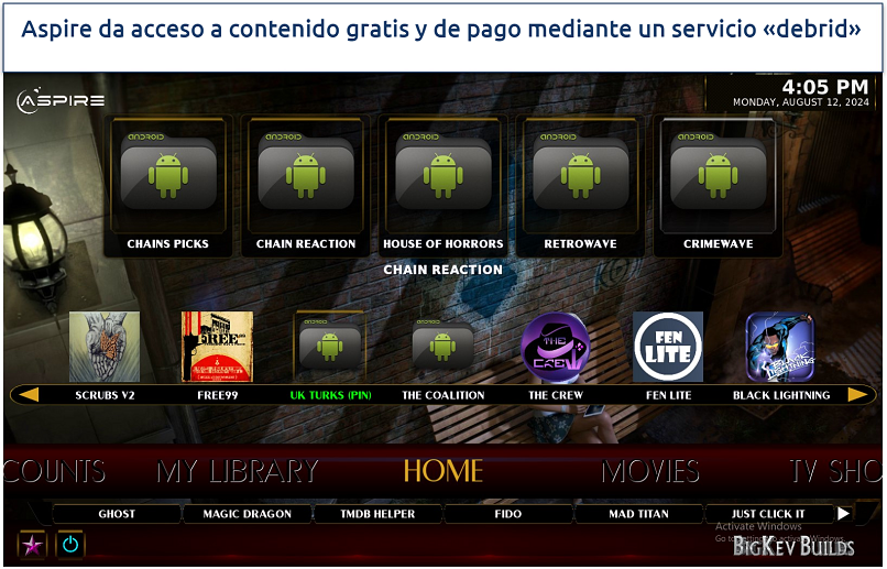 Screenshot showing the Aspire Kodi build home page