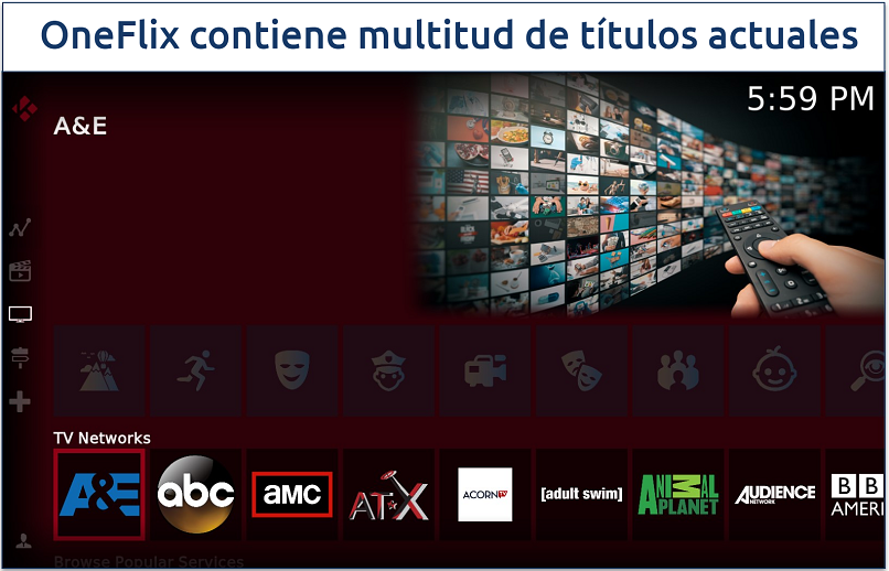 Screenshot showing the OneFlix Kodi build home page