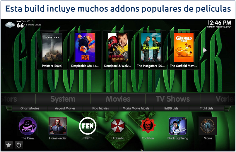 Screenshot showing the Green Monster Kodi build movies page