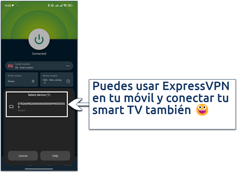 Screenshot showing ExpressVPN's mobile app with the option to cast mobile screen to smart TV