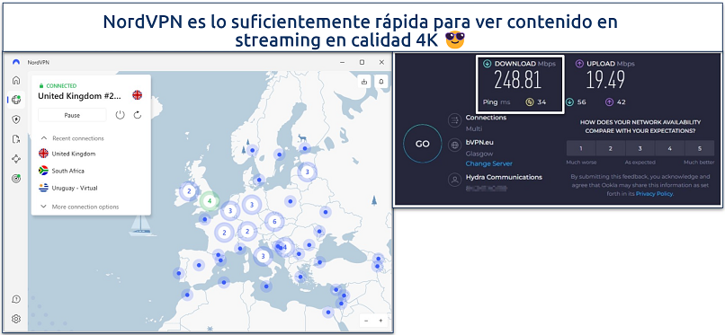 Screenshot of speed test results with NordVPN connected to a Glasgow server