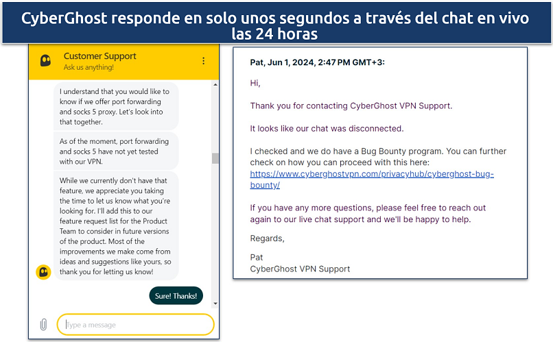 Screenshot of a chat with CyberGhost's customer support