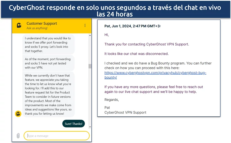 Screenshot of a chat with CyberGhost's customer support