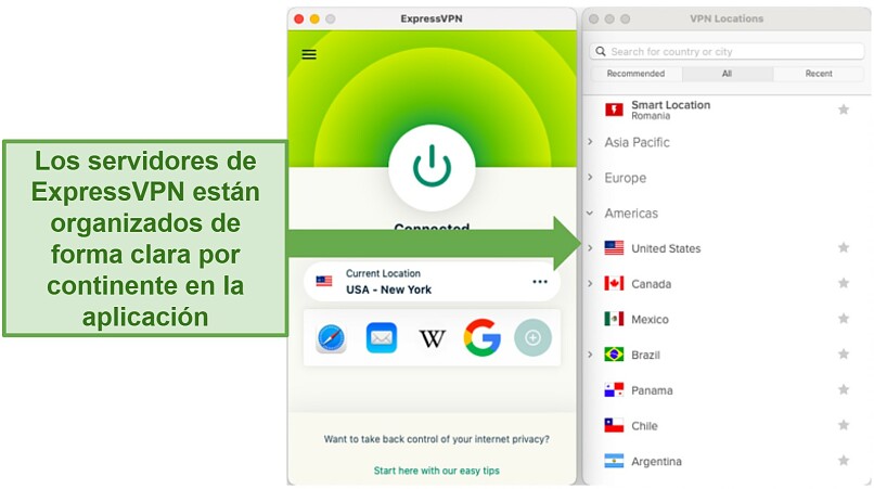 captura de pantalla de la aplicación macOS de ExpressVPN mostrando los servidores