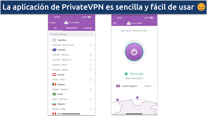 Screenshot of PrivateVPN's iOS app showing the simple home page and server lsit