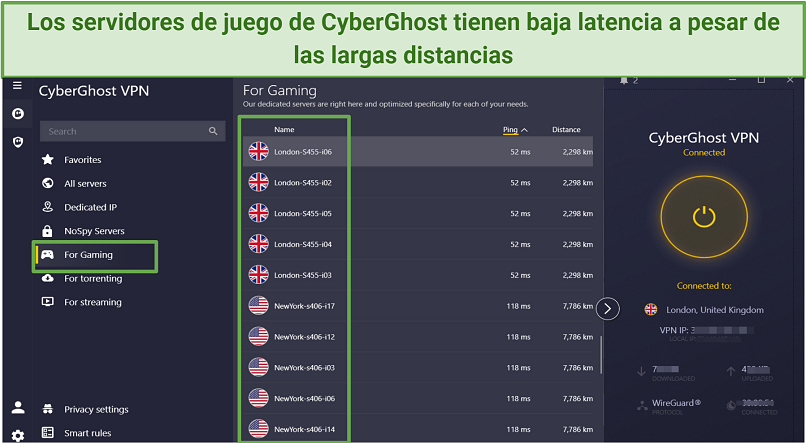 Captura de pantalla de los servidores de juego de CyberGhost